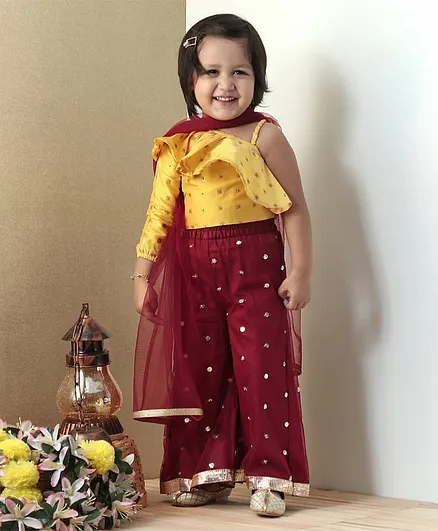 Babyoye Off Shoulder Indowestern Top With Palazzo & Dupatta Set - Yellow Maroon