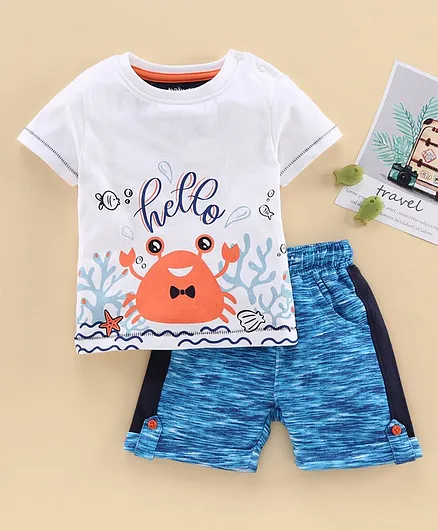 Babyoye Half Sleeves Tee with Shorts Crab Print - White Blue