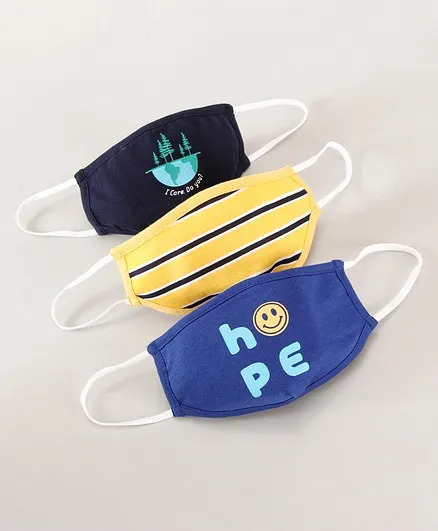 Pine Kids Anti Microbial N9 Finished Biowashed Printed Face Mask Pack of 3 - Yellow Blue
