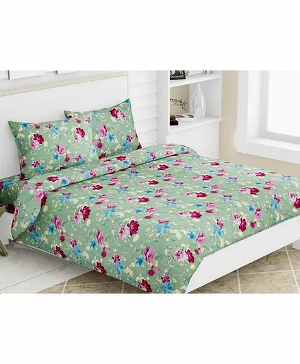 Haus & Kinder Floral Dreams 100% Cotton Double Bedsheet King Size With 2 Pillow Covers - Green