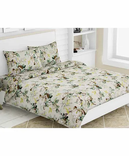 Haus & Kinder Floral Dreams 100% Cotton Double Bedsheet King Size With 2 Pillow Covers- Beige