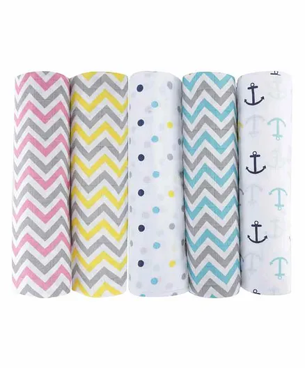 Haus & Kinder Cotton Muslin Swaddle Wrapper Pack of 5 - Multicolour