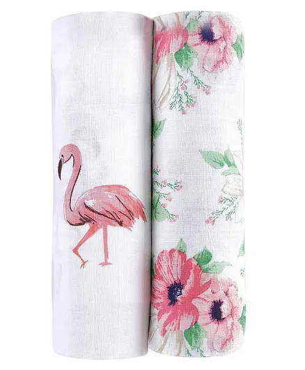 haus & kinder Floral Muslin Swaddle Wrappers Flamingo Print - White Pink