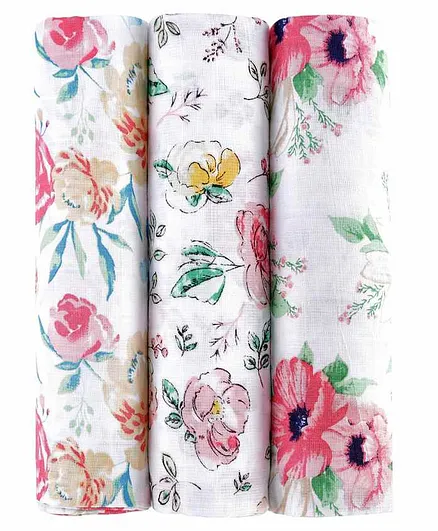 haus & kinder Floral Muslin Swaddle Wrappers Pack of 3 - White Pink
