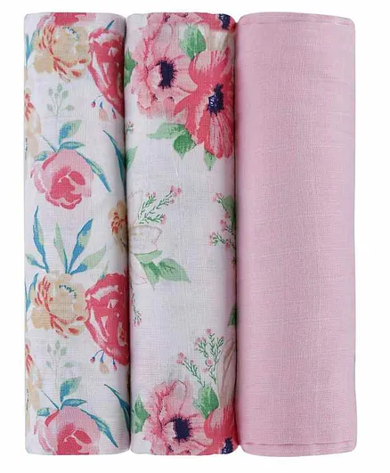 haus & kinder Floral Muslin Swaddle Wrappers Pack of 3 - White Pink