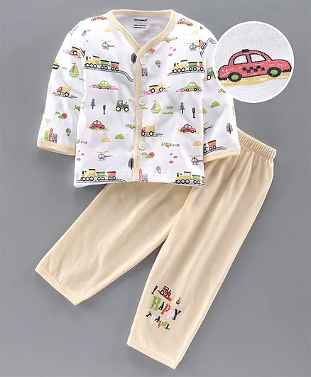 Cucumber Full Sleeves Night Suit Vehicle Print - White Cream