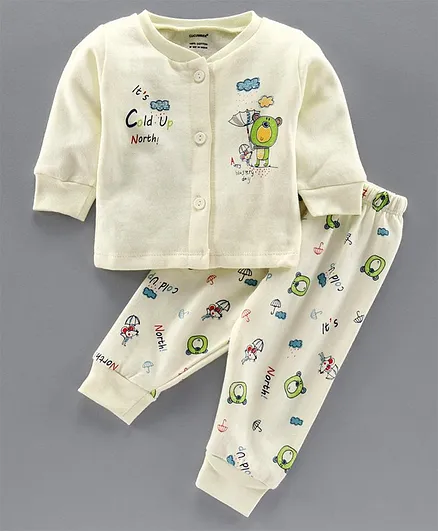 Cucumber Full Sleeves Winter Wear Night Suit Teddy Print - Yellow