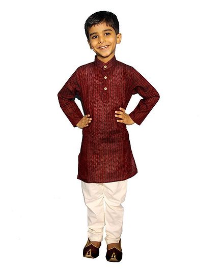 Mittenbooty Full Sleeves Stripe Pattern Kurta With Pajama - Maroon