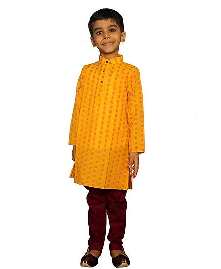 Mittenbooty Full Sleeves Block Print Kurta With Pajama - Yellow