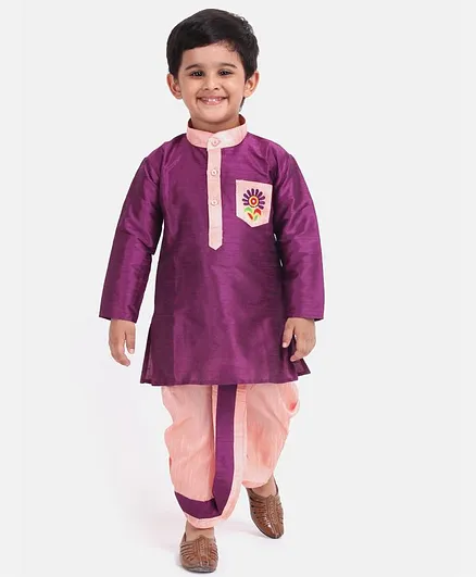 Bownbee Full Sleeves Pocket Embroidery Detailing Kurta & Dhoti Set - Purple