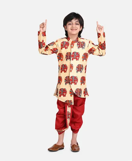 Bownbee Elephant Print Full Sleeves Sherwani Dhoti - Red