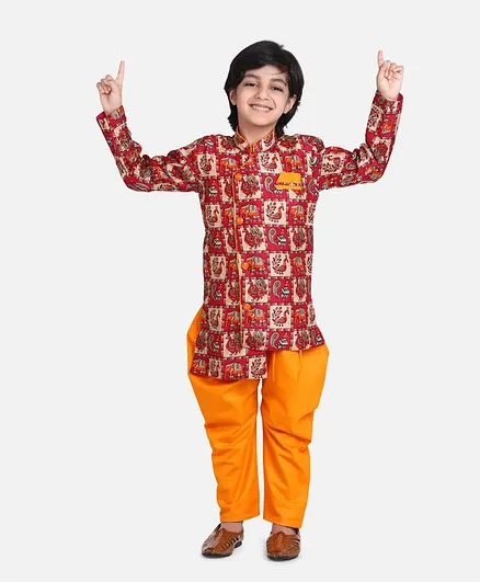 Bownbee Peacock Print Full Sleeves Sherwani & Dhoti Set - Orange