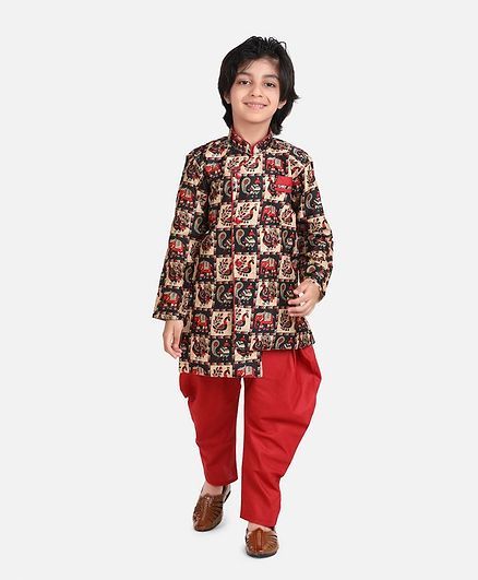 Bownbee Peacock Print Full Sleeves Sherwani & Dhoti Set - Maroon