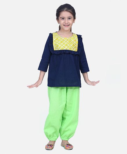 Bownbee Full Sleeves Checked Detailed Yoke Kurti With Salwar - Orange