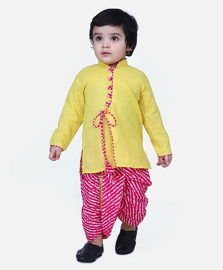 BownBee Full Sleeves Solid Color Kurta With Leheriya Dhoti - Yellow