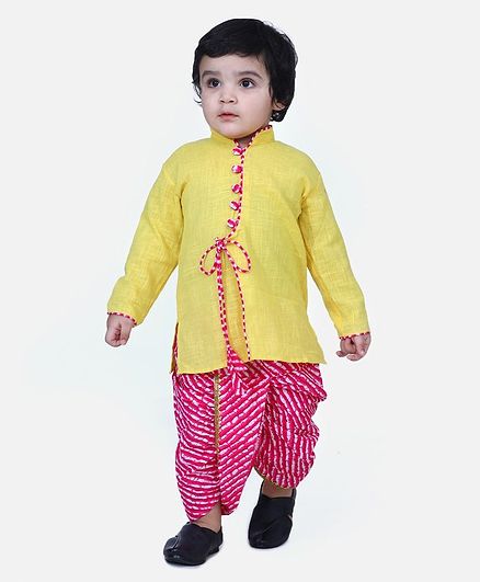 BownBee Full Sleeves Solid Color Kurta With Leheriya Dhoti - Yellow