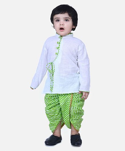 BownBee Full Sleeves Solid Color Kurta With Leheriya Dhoti - White