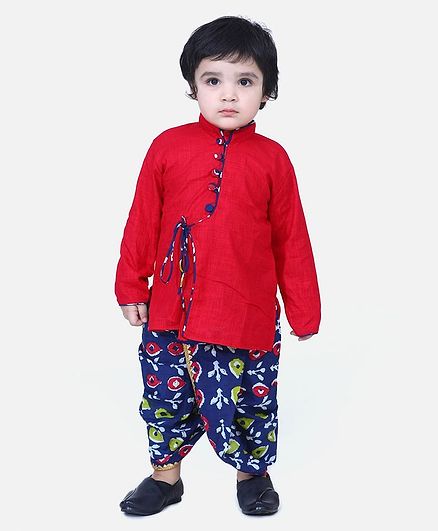 BownBee Full Sleeves Solid Color Kurta With Leheriya Dhoti - Red