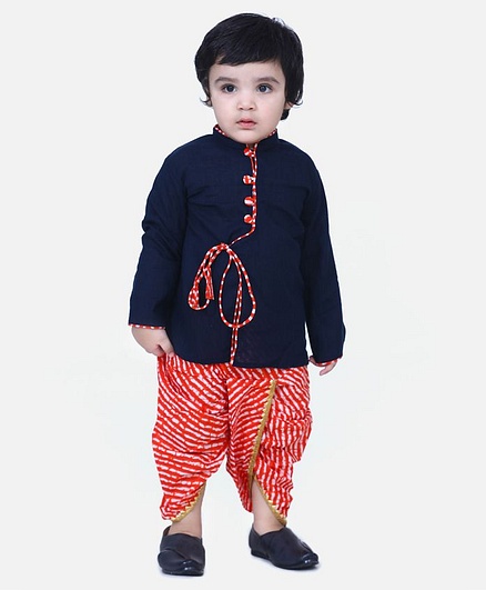 BownBee Full Sleeves Solid Color Kurta With Leheriya Dhoti - Navy Blue