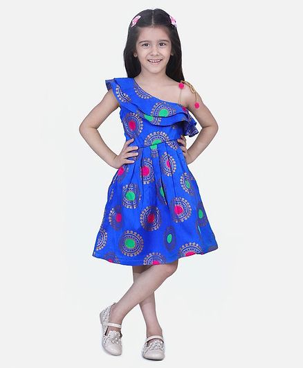 Bownbee One Shoulder Big Dots Print Sleeveless Dress - Blue