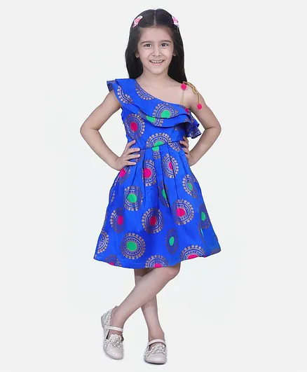 Bownbee One Shoulder Big Dots Print Sleeveless Dress - Blue