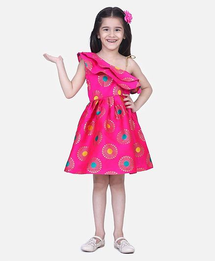 Bownbee One Shoulder Big Dots Print Sleeveless Dress - Pink