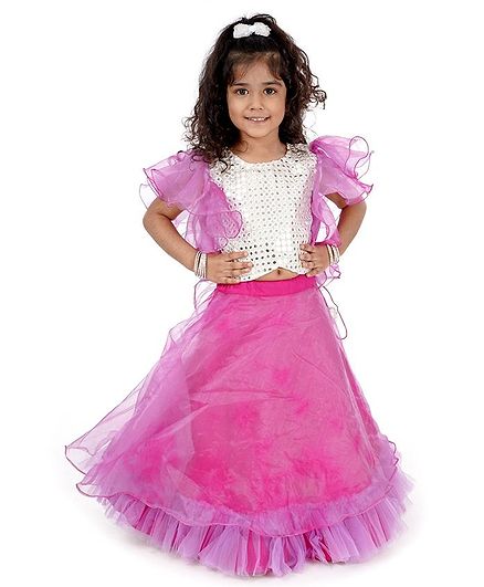 Kirti Agarwal Pret N Couture Varsha Showering Trends Frilly Half Sleeves Mirror Work Choli With Shaded Lehenga Set - Multicolor