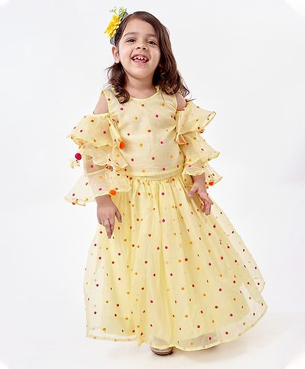 Kirti Agarwal Pret N Couture Varsha Showering Trends Layered Full Sleeves Choli With Polka Dot Embroidered Flared Lehenga - Yellow