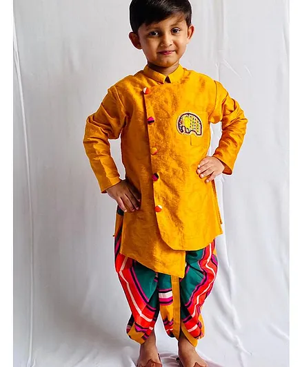 Kirti Agarwal Pret N Couture Varsha Showering Trends Full Sleeves Elephant Motif Kurta With Print Dhoti Set - Mustard Yellow