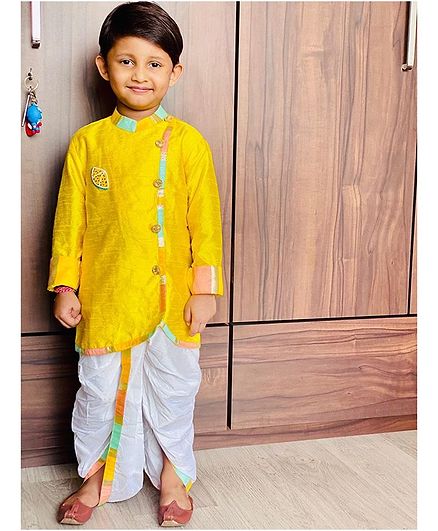 Kirti Agarwal Pret N Couture Varsha Showering Trends Full Sleeves Fruit Motif Kurta With Dhoti - Yellow & Off White