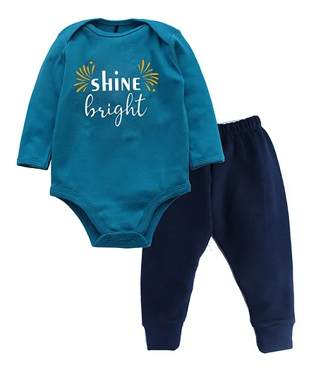 Kadam Baby Full Sleeves Shine Bright Print Onesie With Pant Set For Diwali - Blue