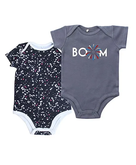 Kadam Baby Pack Of 2 Half Sleeves Star & Boom Printed Onesie - Black & Grey