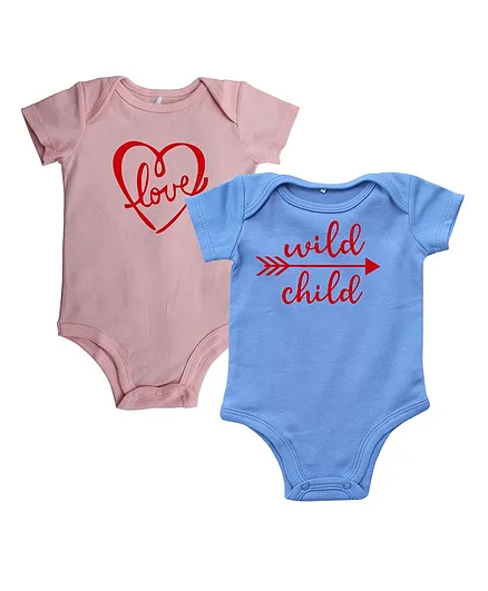 Kadam Baby Set Of 2 Half Sleeves Love & Wild Child Printed Onesie - Pink & Light Blue