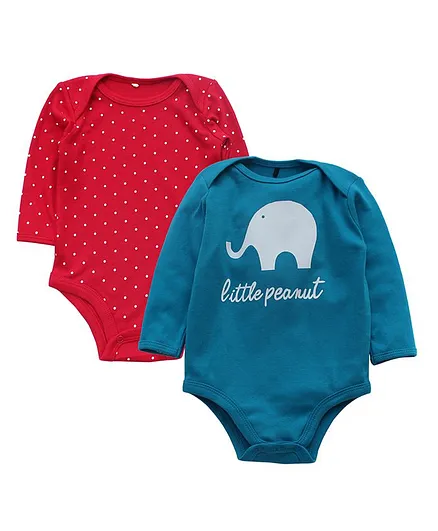 Kadam Baby Set Of 2 Full Sleeves Polka Dot & Elephant Printed Onesie - Blue & Red