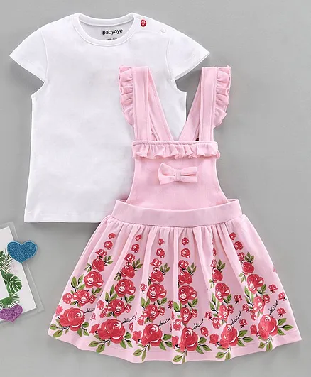 Babyoye Dungaree Style Frock With Short Sleeves Tee Floral Print - White Pink