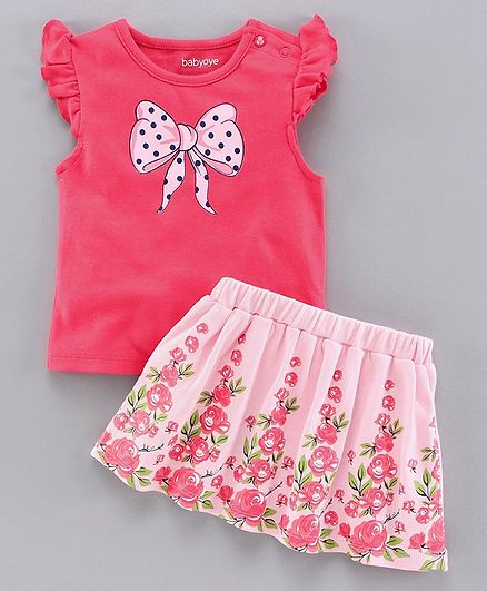Babyoye Short Sleeves Top with Skirt Floral Print - Pink