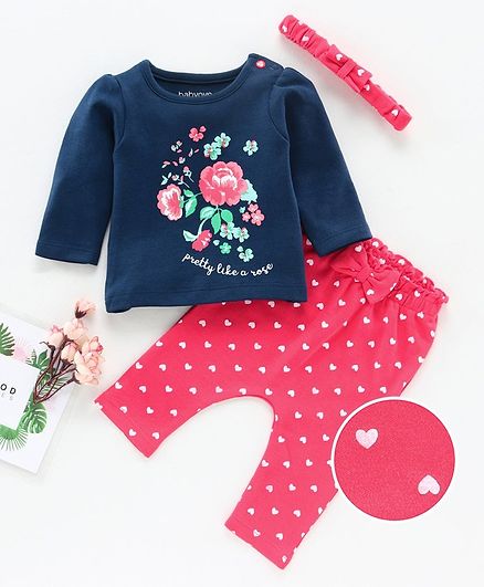 Babyoye Full Sleeves Tee & Diaper Leggings with Hair Band Floral Print - Blue Pink