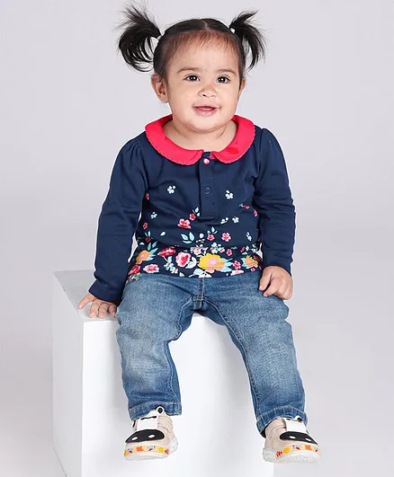 Babyoye Full Sleeves Tees Floral Print Pack of 2 - Navy Blue White