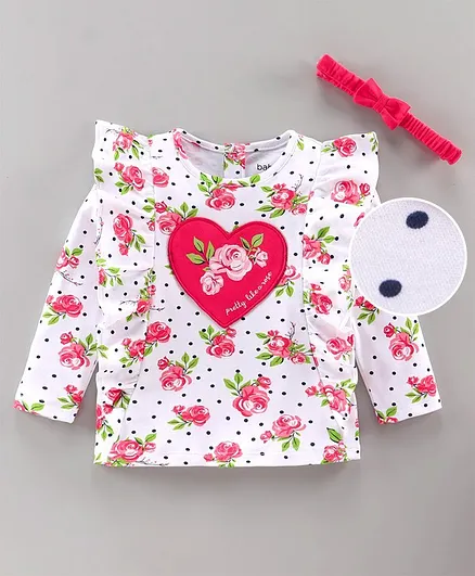 Babyoye Full Sleeves Tee with Hairband Floral Print - White
