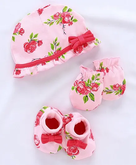 Babyoye Cap Mittens & Booties Floral Print Pink - Diameter 11 cm