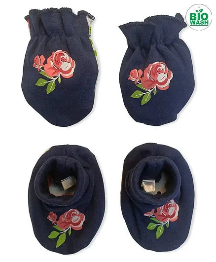 Babyoye Mittens & Booties Floral Print - Navy Blue