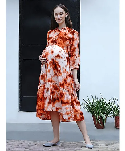 Mine4Nine Three Fourth Sleeves Tie & Dye Pattern Maternity Shirt Dress - Orange