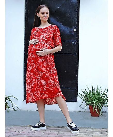 Mine4Nine Half Sleeves Floral Print Maternity Dress - Red