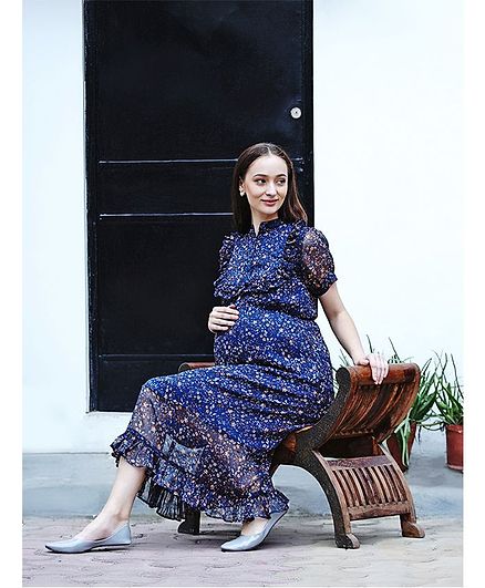 Mine4Nine Half Sleeves Floral Print Maternity Dress - Dark Blue