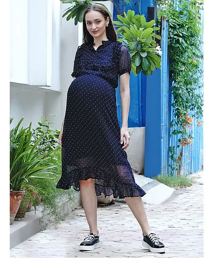 Mine4Nine Half Sleeves Polka Dot Printed Maternity Dress - Navy Blue