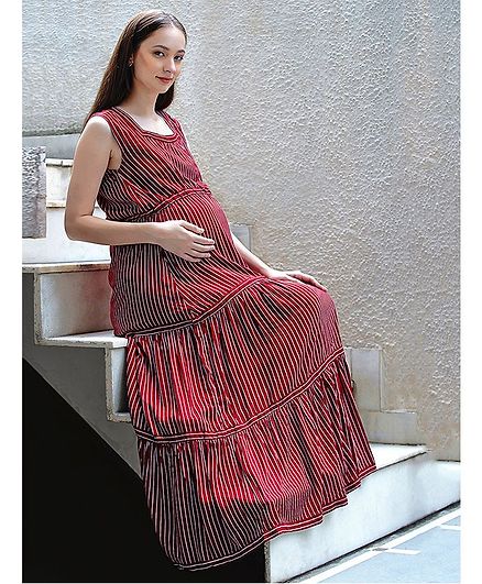 Mine4Nine Sleeveless Striped Maternity Maxi Dress - Maroon