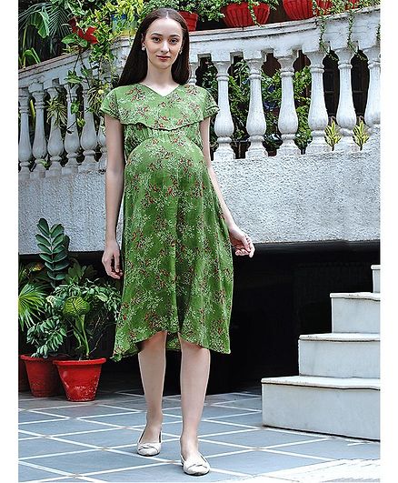 Mine4Nine Short Sleeves Floral Print Maternity Dress - Light Green