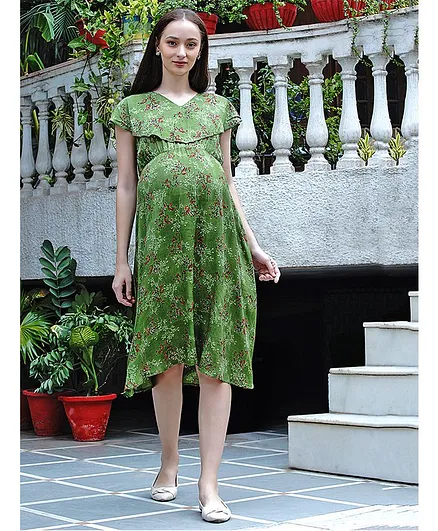 Mine4Nine Short Sleeves Floral Print Maternity Dress - Light Green