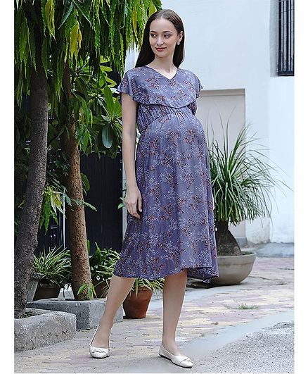 Mine4Nine Short Sleeves Floral Print Maternity Dress - Lavender