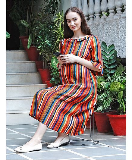 Mine4Nine Three Fourth Sleeves Striped Dress - Multi Colour